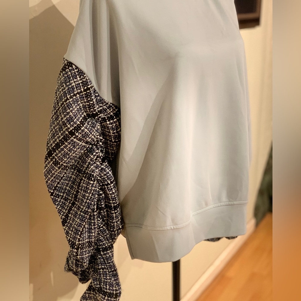 Why dress size M light blue top with tweed gathered sleeves